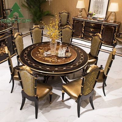 Luxe eetkamer set klassieke antieke houten ronde eettafel met draaitafel